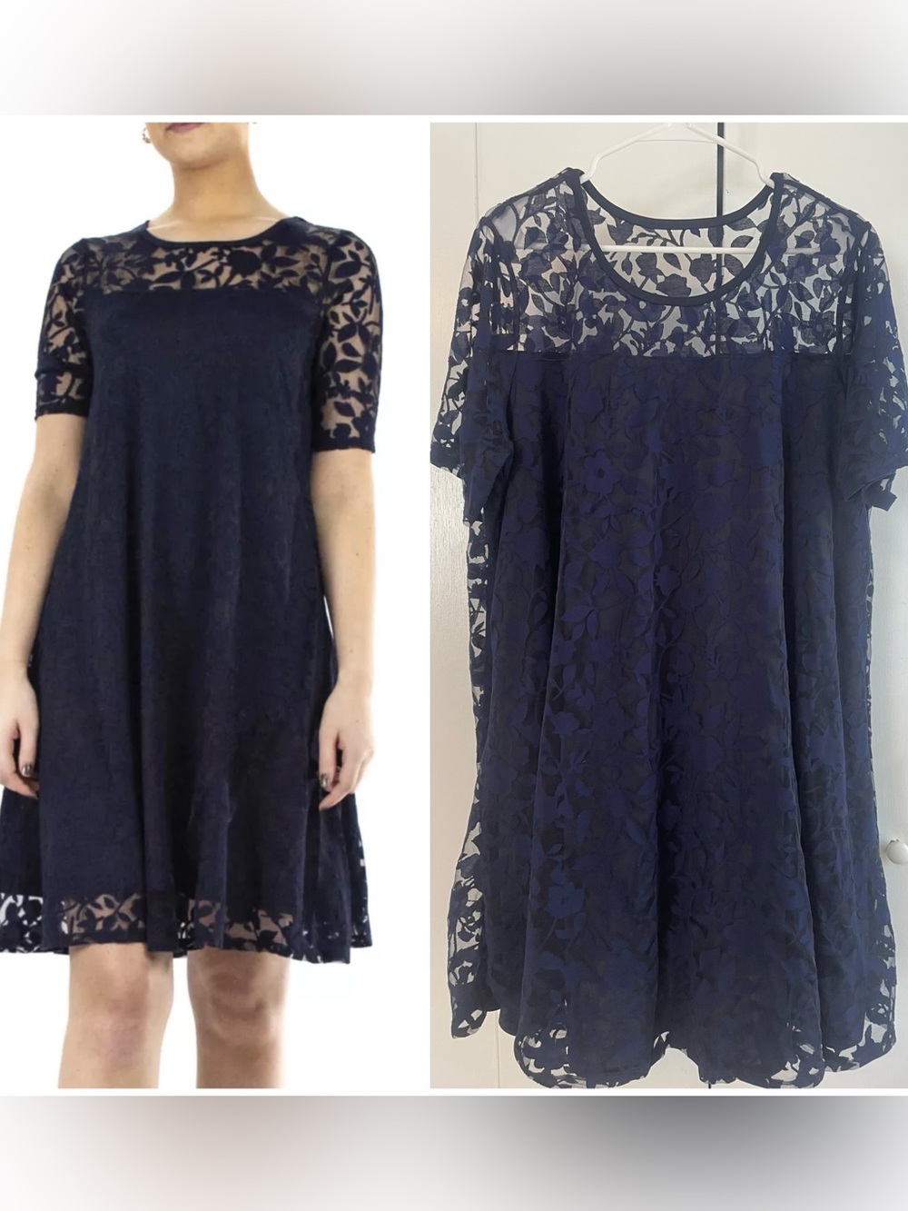 Navy Floral Lace Short Sleeve Dress